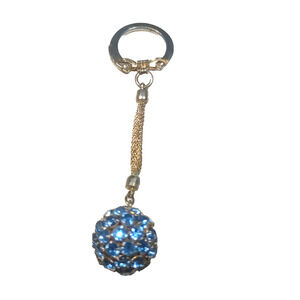 Aqua Blue Rhinestone Ball Keychain Gold Tone Metal